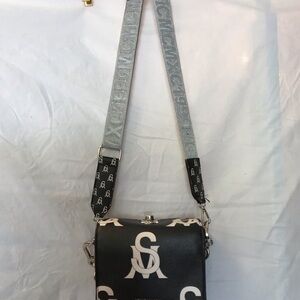 Steve Madden Black Monogram Crossbody Bag with Silver Strap Detailing